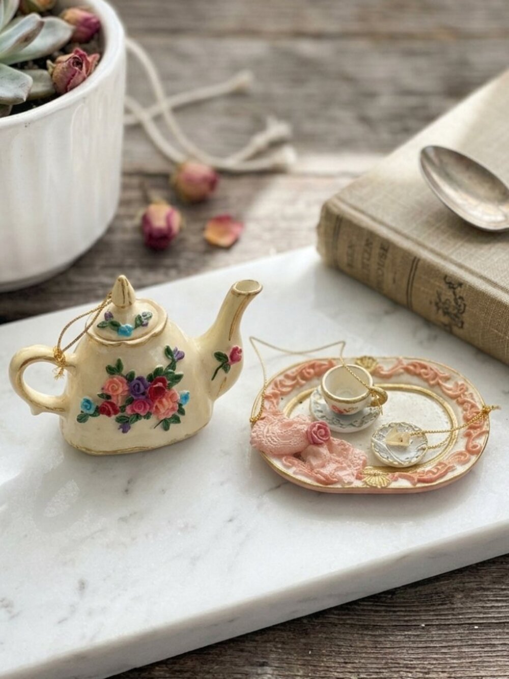 Floral Teapot & Tea Tray Ornaments - Cream and Pink